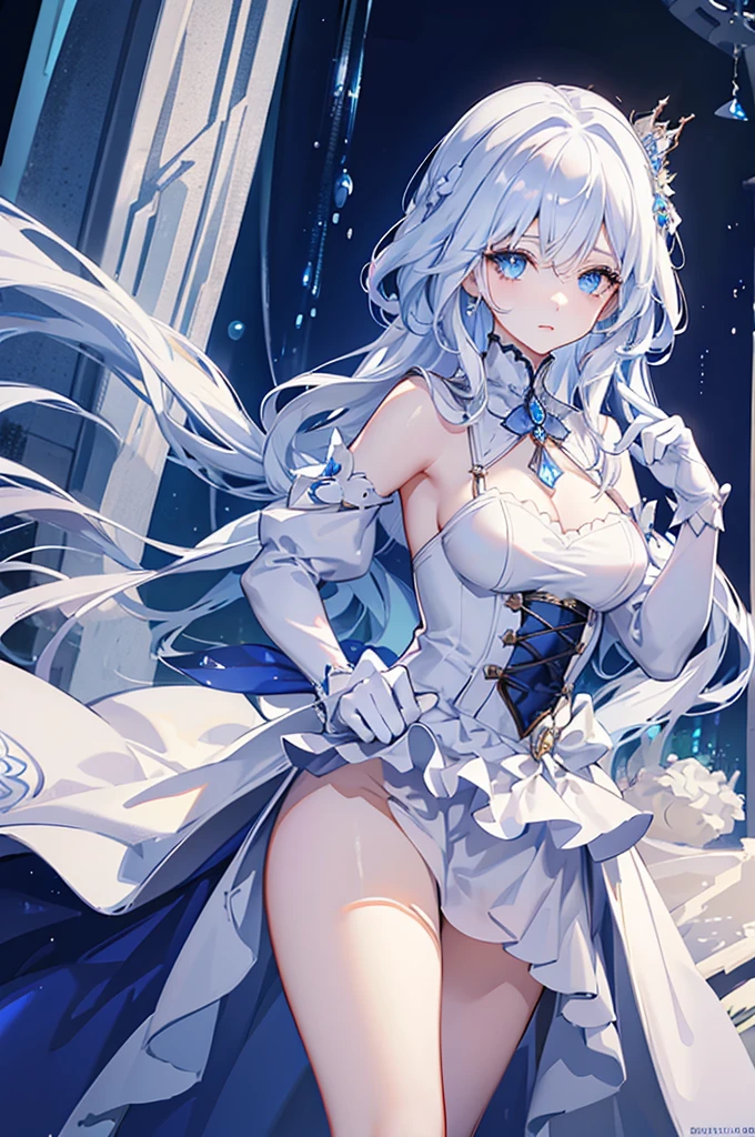 A woman with white hair and blue eyes、adult、Long, fluffy wavy hair、Braiding、Wearing hair ornaments、Princess、White gloves、Wearing a lace dress、Putting index finger on lips、Fantasy