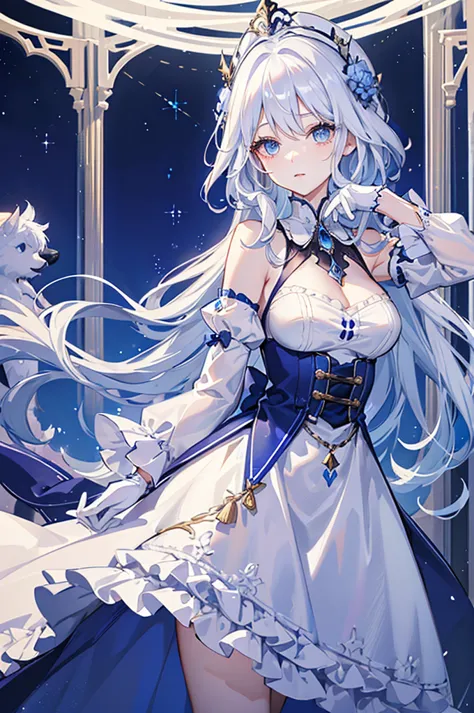 A woman with white hair and blue eyes、adult、Long, fluffy wavy hair、Braiding、Wearing hair ornaments、Princess、White gloves、Wearing...