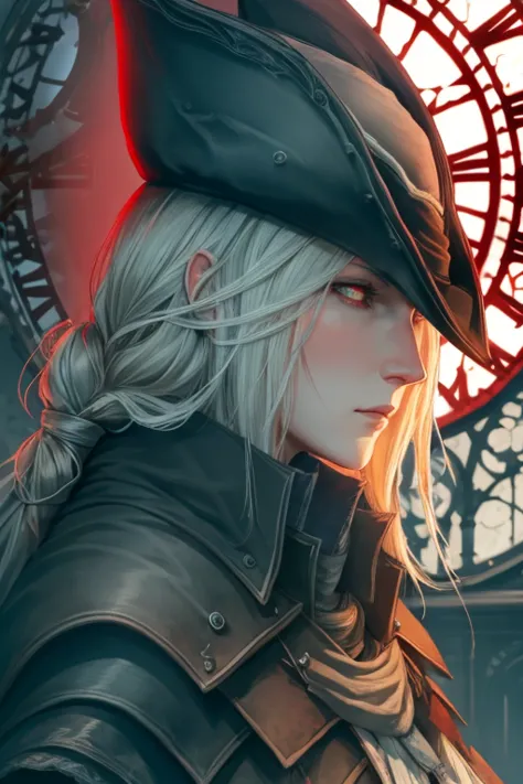 lady maria_bloodborne, profile, close-up, sunlight, giant clock in the background, red eyes, sad, sketch