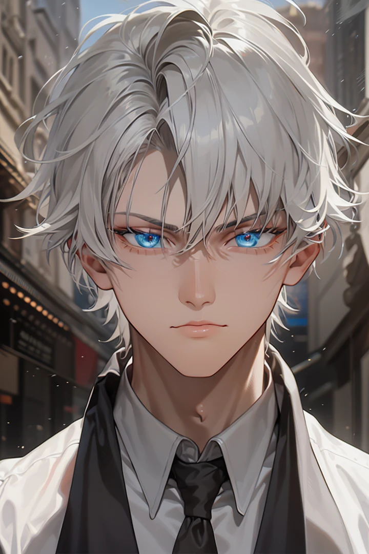 masterpiece, 8k, ((shadow and light effects)), Anime boy in tie and jacket, Smooth Anime CG Art, tall anime man with silver eyes, Anime Boy, Detailed Digital Anime Art, semi realistic anime, Realistic anime art style, made with anime painter studio, Beautiful Anime Portrait, anime style portrait, digital anime art, digital art in anime style, Anime Realism Style, anime handsome guy, full power ((effect)), ((serious countenance)), a small scar on the seat of the mouth