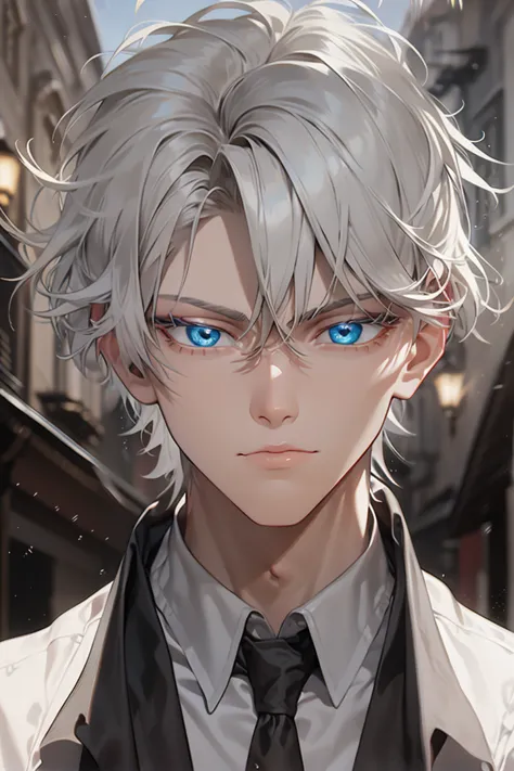 masterpiece, 8k, ((shadow and light effects)), Anime boy in tie and jacket, Smooth Anime CG Art, tall anime man with silver eyes...