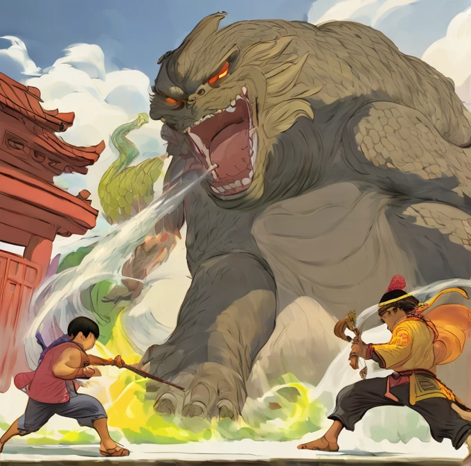 in the cartoon anime style, an Asian boy is fighting against a giant monster near a Japanese temple, with a white background, in PNG format.