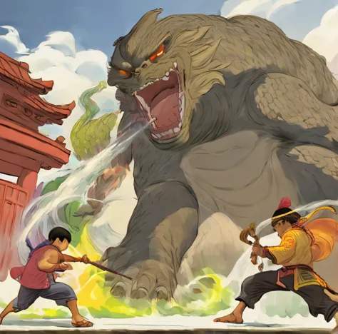 in the cartoon anime style, an Asian boy is fighting against a giant monster near a Japanese temple, with a white background, in...