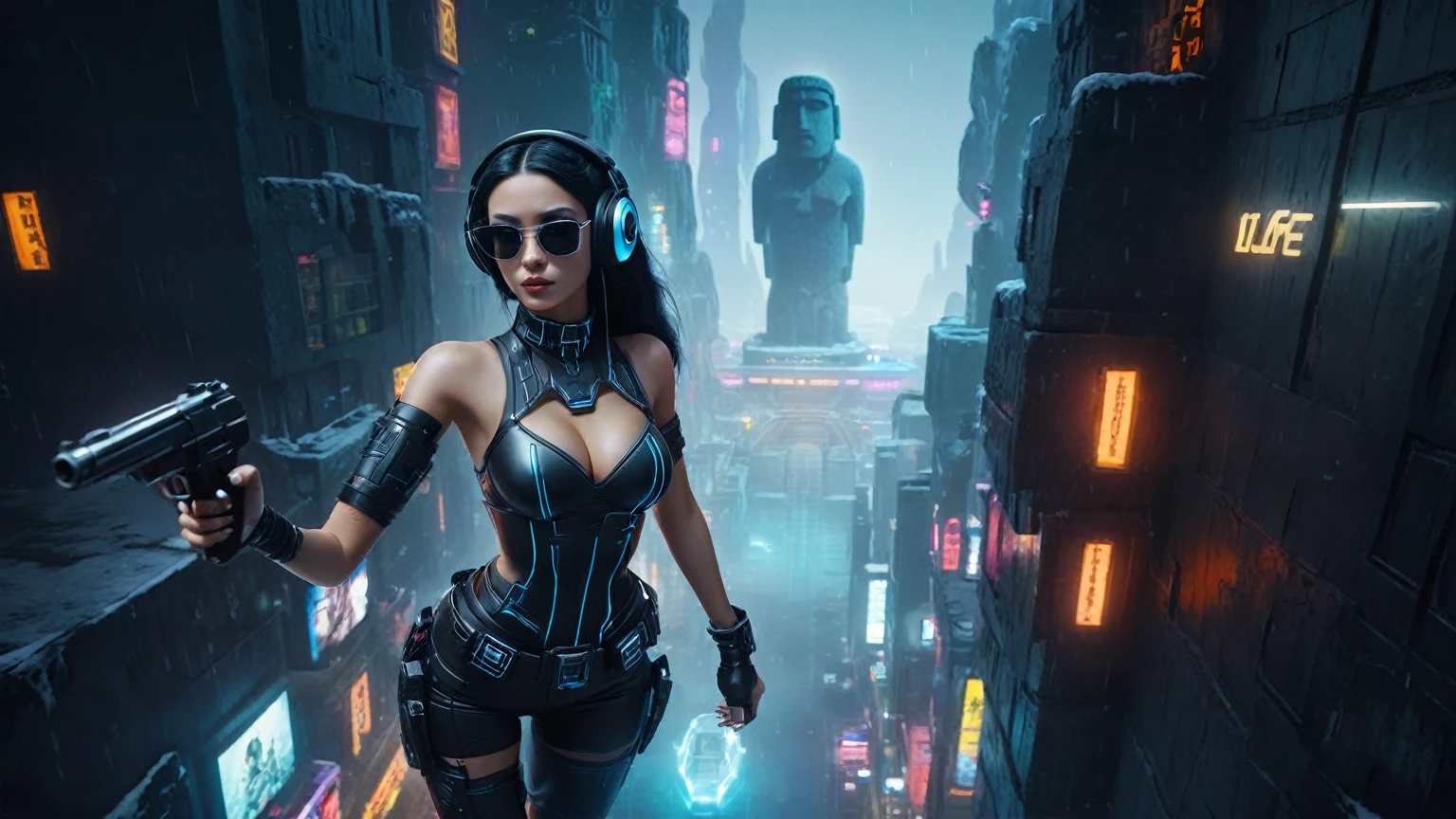 At night, dark sky, distant shot aerial view of fantasy cyberpunk style ice ((Moai-statue)) city, ((flying car)). ((1girl, solo, alone)), medium-breast:1.1 slim body, cleavage, sexy clothes, (headphone, black sunglasses, long black realistic hair), (((hip-up standing and holding pistol))), half-body thigh level medium shot, cinematic lighting.