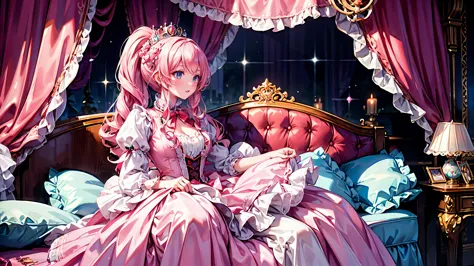 anime moe art style, (masterpiece, ultra detailed, top quality), (((young face solo princess))), (dress hot pink dres), (((ultra...