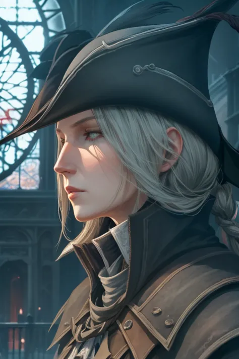 lady maria_bloodborne, profile, close-up, sunlight, giant clock in the background, sad, sketch