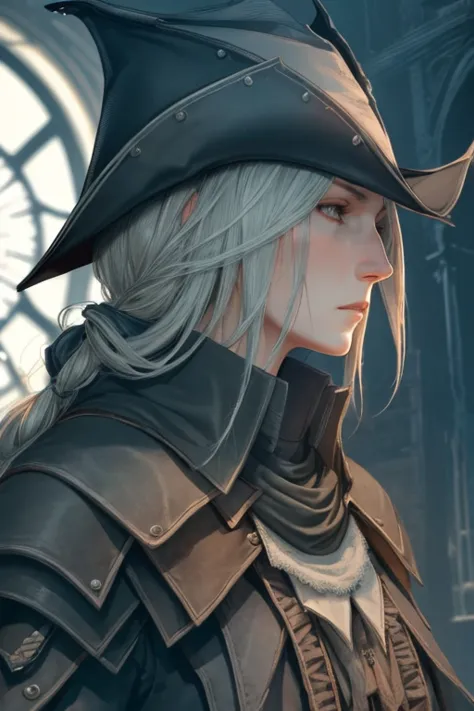 lady maria_bloodborne, profile, close-up, sunlight, giant clock in the background, sad, sketch