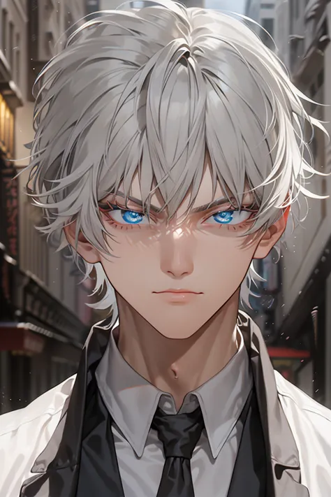 masterpiece, 8k, ((shadow and light effects)), Anime boy in tie and jacket, Smooth Anime CG Art, tall anime man with silver eyes...