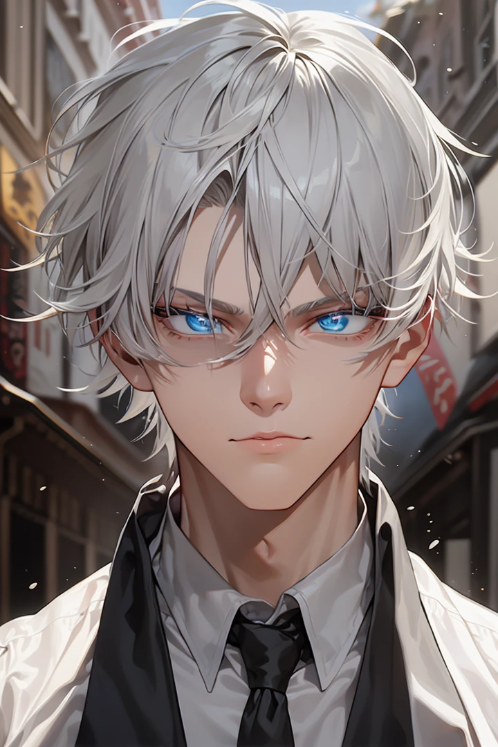 masterpiece, 8k, ((shadow and light effects)), Anime boy in tie and jacket, Smooth Anime CG Art, tall anime man with silver eyes, Anime Boy, Detailed Digital Anime Art, semi realistic anime, Realistic anime art style, made with anime painter studio, Beautiful Anime Portrait, anime style portrait, digital anime art, digital art in anime style, Anime Realism Style, anime handsome guy, full power ((effect)), ((serious countenance)), a small scar on the seat of the mouth