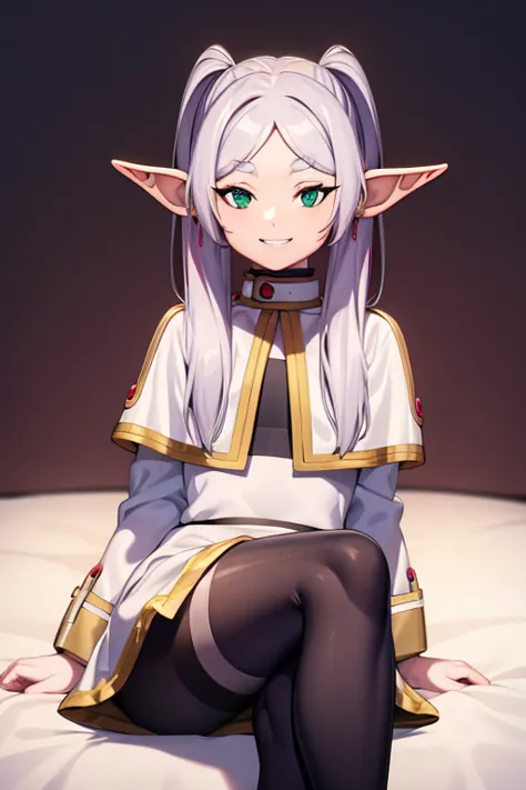 Cross-legged on the bed, with transparent white shirt, mischievous grin , elf ears , black tights 