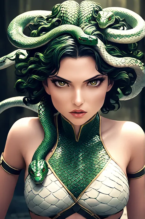 (gorgon:1.5) sexy, high definition photo, ultra detailed skin, ultra detailed face, small skin imperfections, full snake body , ...