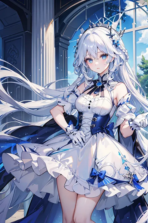 A woman with white hair and blue eyes、adult、Long, fluffy wavy hair、Braiding、Wearing hair ornaments、Princess、White gloves、blue an...