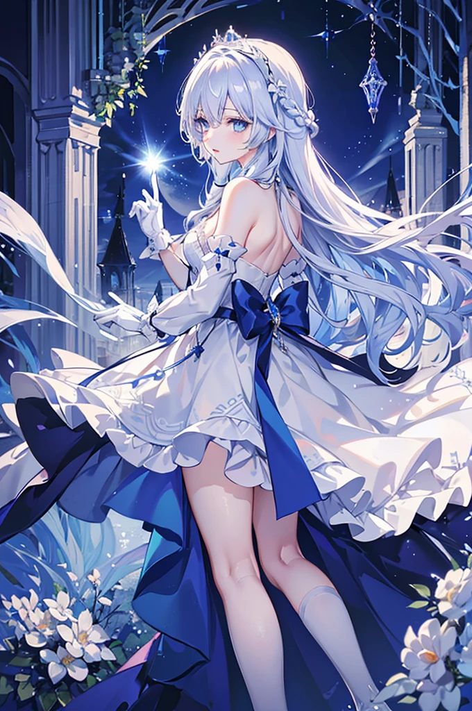 A woman with white hair and blue eyes、adult、Long, fluffy wavy hair、Braiding、Wearing hair ornaments、Princess、White gloves、blue and white lace dress、The length of the dress is short in the middle and long at the back、Knee-high socks、Putting index finger on lips、Fantasy