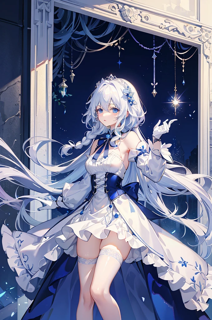 A woman with white hair and blue eyes、adult、Long, fluffy wavy hair、Braiding、Wearing hair ornaments、Princess、White gloves、blue and white lace dress、The length of the dress is short in the middle and long at the back、Knee-high socks、Putting index finger on lips、Fantasy