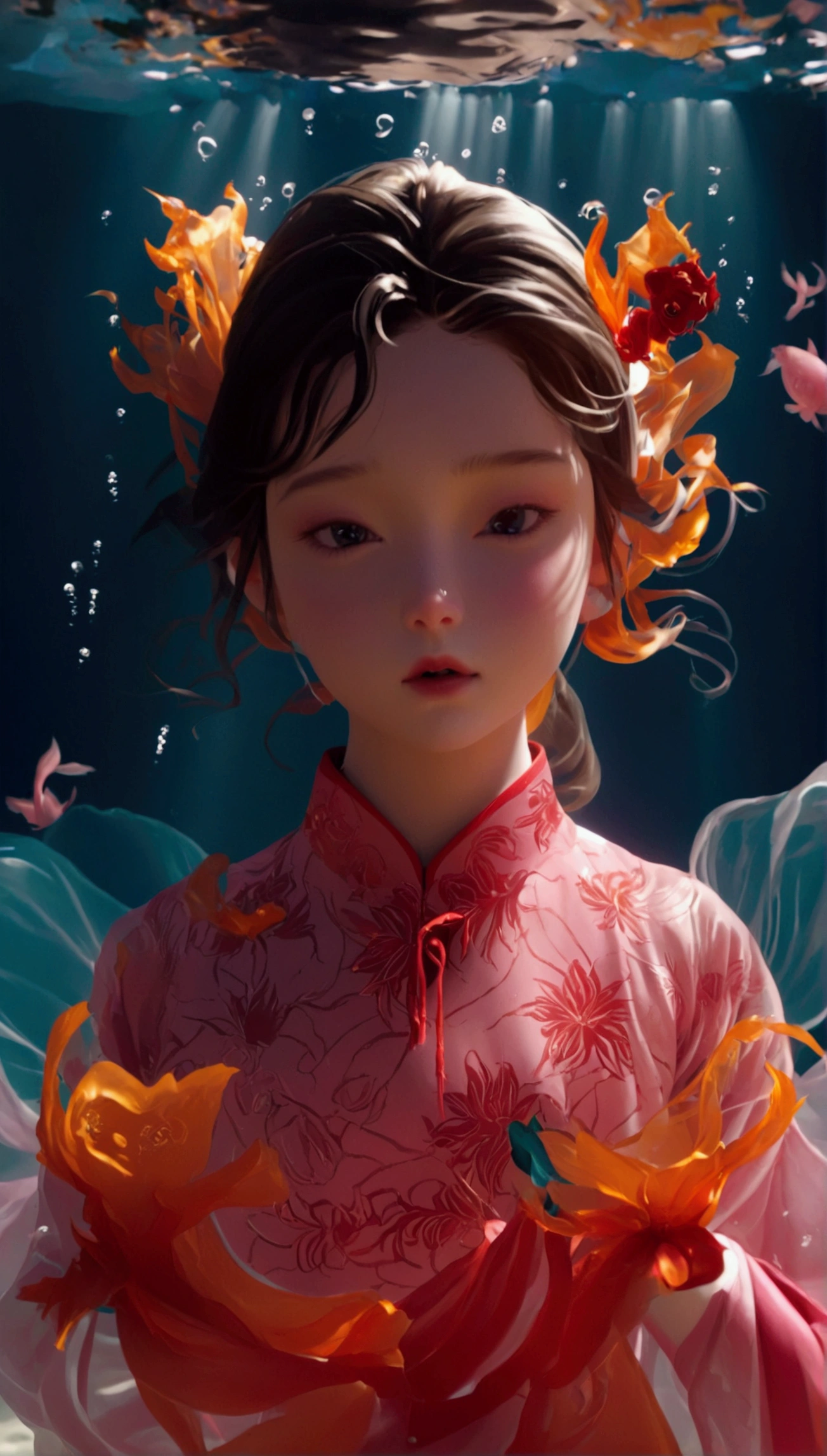 1. Little Girl, Solitary, Under the Deep Sea, walking underwater；Wearing pink Chinese clothing，Fairy the same，underwater dance；dancer；Golden water，金色的bubble； Deep Shadows, Extraordinary details, bubble, spark, Sun streaks, seabed, bright, whole body, swirl, Golden Light, Embed:Average runoff, masterpiece, high quality, 4K，More white space。