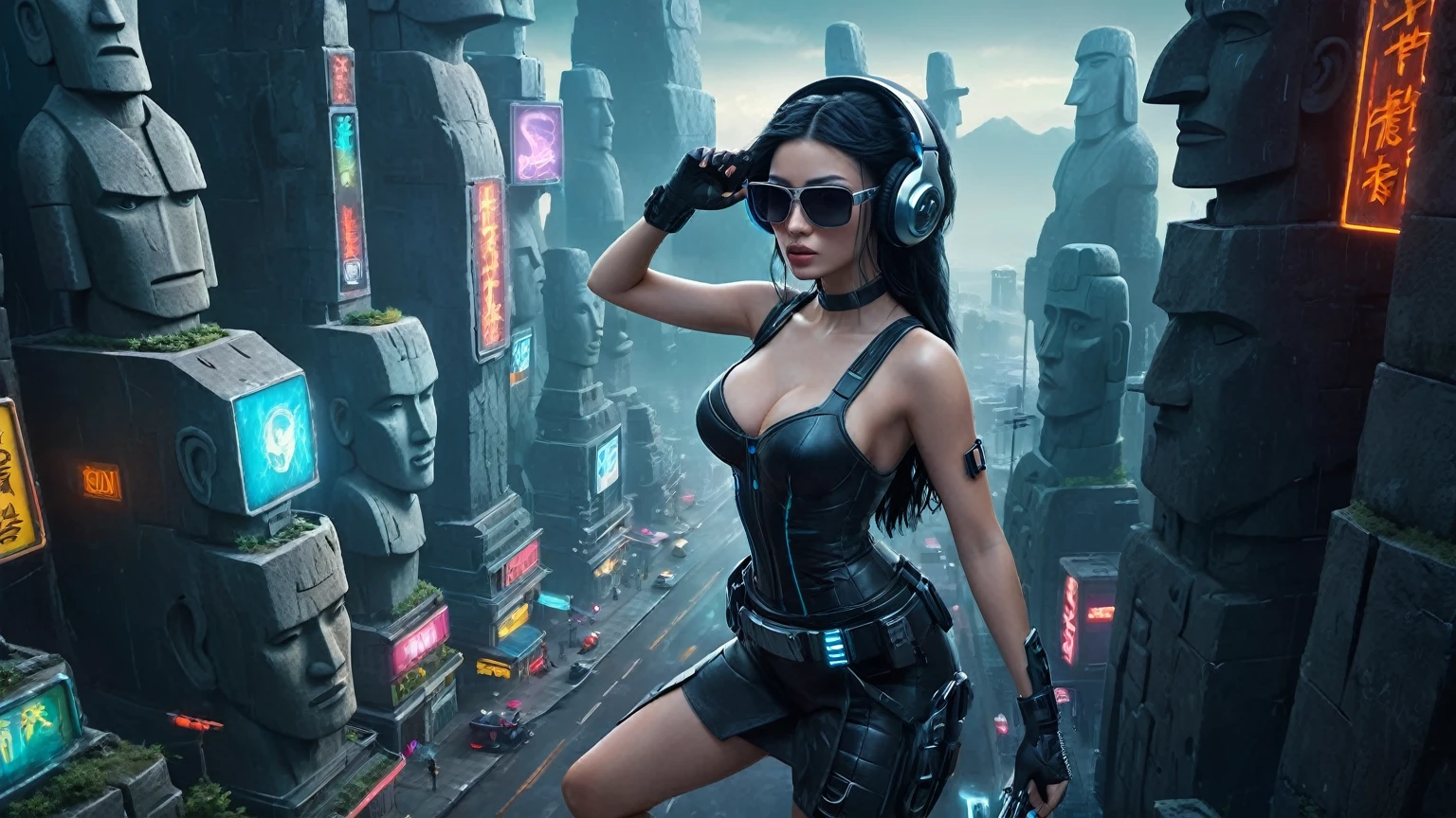 At night, dark sky, distant shot aerial view of fantasy cyberpunk style ice ((Moai-statue)) city, ((flying car)). ((1girl, solo, alone)), medium-breast:1.1 slim body, cleavage, sexy clothes, (headphone, black sunglasses, long black realistic hair), (((hip-up standing and holding pistol))), half-body thigh level medium shot, cinematic lighting.