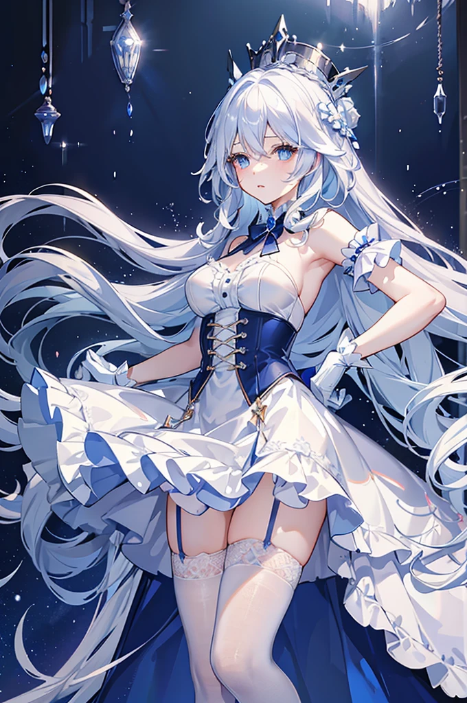 A woman with white hair and blue eyes、adult、Long, fluffy wavy hair、Braiding、Wearing hair ornaments、Princess、White gloves、blue and white lace dress、The length of the dress is short in the middle and long at the back、garter belt、Knee-high socks、Putting index finger on lips、Fantasy