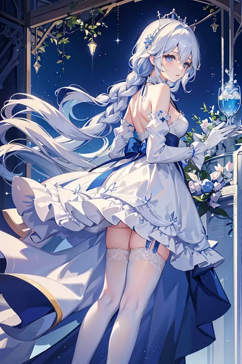 A woman with white hair and blue eyes、adult、Long, fluffy wavy hair、Braiding、Wearing hair ornaments、Princess、White gloves、blue an...