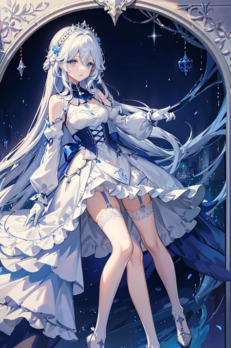 A woman with white hair and blue eyes、adult、Long, fluffy wavy hair、Braiding、Wearing hair ornaments、Princess、White gloves、blue an...