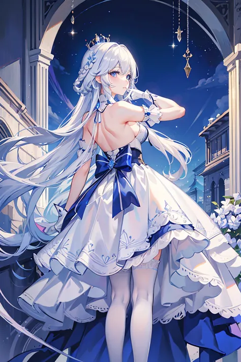 A woman with white hair and blue eyes、adult、Long, fluffy wavy hair、Braiding、Wearing hair ornaments、Princess、White gloves、blue an...