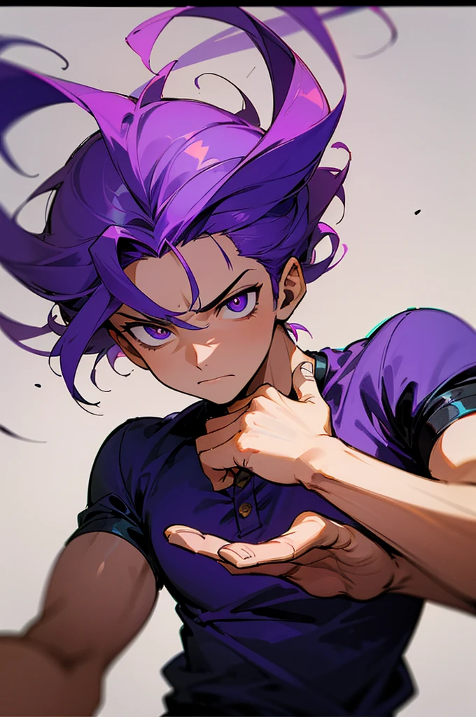 Develop a drawing in the style of Turma da Mônica, characterized by the design . The drawing must portray a young male ALPHA MALE. He is wearing a purple shirt and has purple pupils. Her hair is brown. Use shading to add depth and texture to the scene, emphasizing the emotional gravity of the moment.