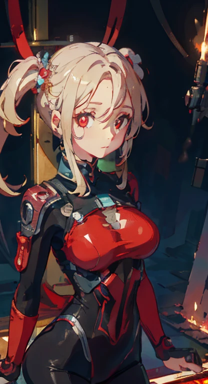 Excellent，work of art，centred, high resolution，highest quallity，hiper HD，very detailled，awardwinning，16K，standing alone，（trunk），anatomical correct，Cute cyberpunk girl，upper body photos、cute face，，blond、long hair、twin tails、braid, thin line，（（scarlet eyes）），long eyelashes，drooping eyelids，Caucasian skin，((shoot head on:1.5)), ((skintight:1.5)), Top of the clock、rocket ship , (breasts big),