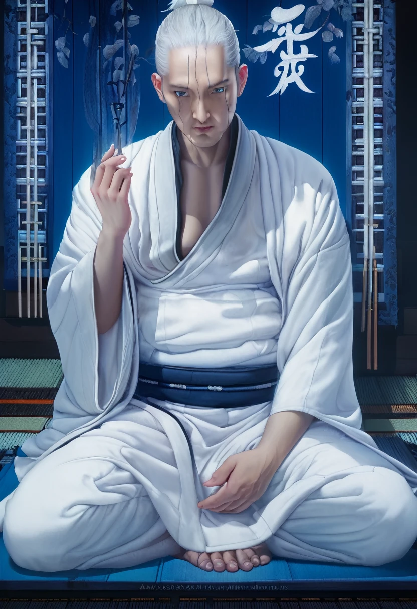 ภาพวาดชายนุ่งห่มขาวนั่งอยู่บนพื้นสีน้ำเงิน, ลัทธิเต๋า, น้ำมันลึกลับบนผ้าลินิน, พระภิกษุญี่ปุ่นโบราณ, แรงบันดาลใจจาก Kaigetsudō Anchi, แรงบันดาลใจจาก Kaigetsudō Ando, หยานจุน เฉิงต์, ภาพพระภิกษุ, เทพผมขาว, ไซบอร์กกำลังนั่งสมาธิ, พระภิกษุนั่งสมาธิ, การทำสมาธิแบบเซนในโลกไซเบอร์