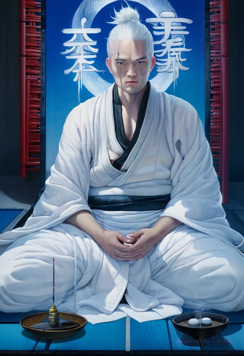 peinture d'un homme en robe blanche assis sur une surface bleue, taoïste, huile mystique sur lin, ancien moine japonais, inspiré du Kaigetsudō Anchi, inspiré par Kaigetsudō Ando, Yanjun Chengt, portrait de moine, divinité aux cheveux blancs, un cyborg méditant, moine méditer, zen méditation cyberpunk