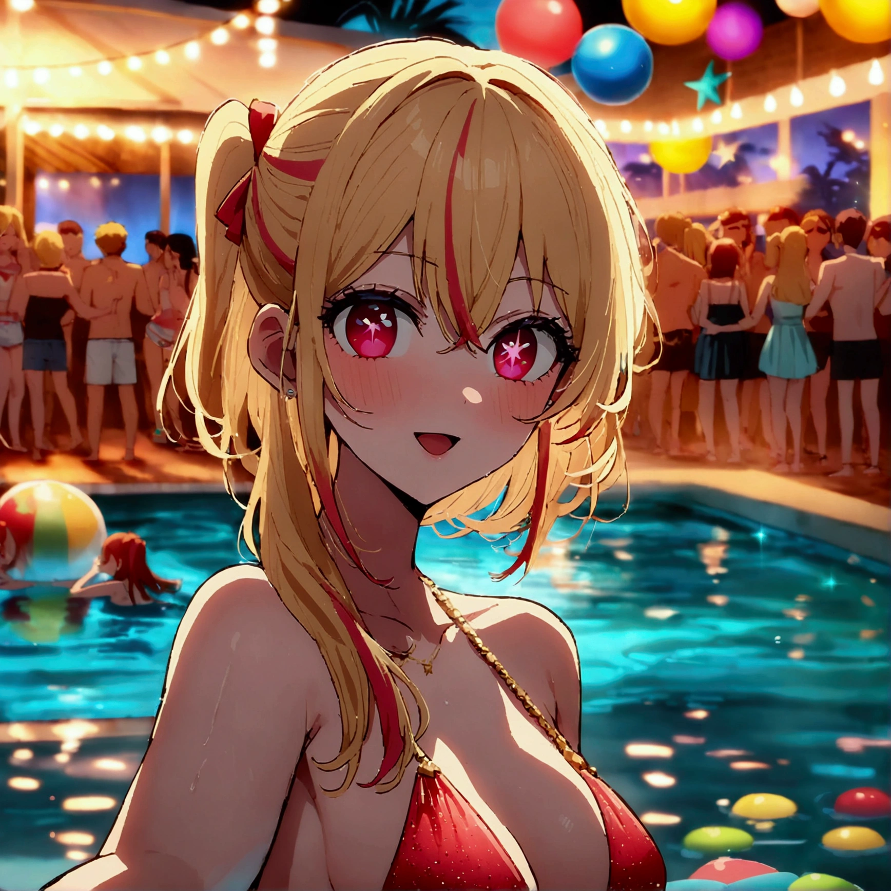 night pool, luxurious pool party venue with a large crowd, hoshinoruby, star-shaped pupils, ruby_hoshino, idol, blonde hair, bangs, pink and red eyes, streaked hair, hair between eyes, left side ponytail, medium breasts, finely detailed skin, big laughter, best quality, masterpiece, high quality, extremely detailed CG unity 8k wallpaper, intricate details, young people having fun at a pool, multi pose, everyone enjoys partying, big beach balls, caustics, glass of cocktail, (captures a selfie:1.5), looking at viewer,