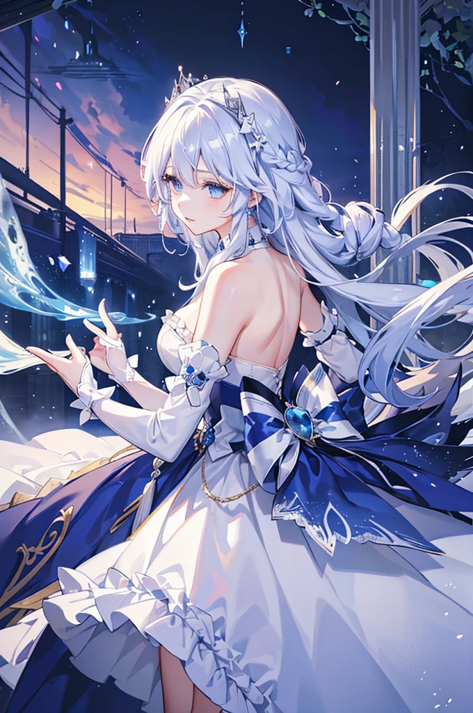 A woman with white hair and blue eyes、adult、Long, fluffy wavy hair、Braiding、Wearing hair ornaments、Princess、White gloves、Putting index finger on lips、blue and white lace dress、The length of the dress is short in the middle and long at the back、Garter Ring、Fantasy