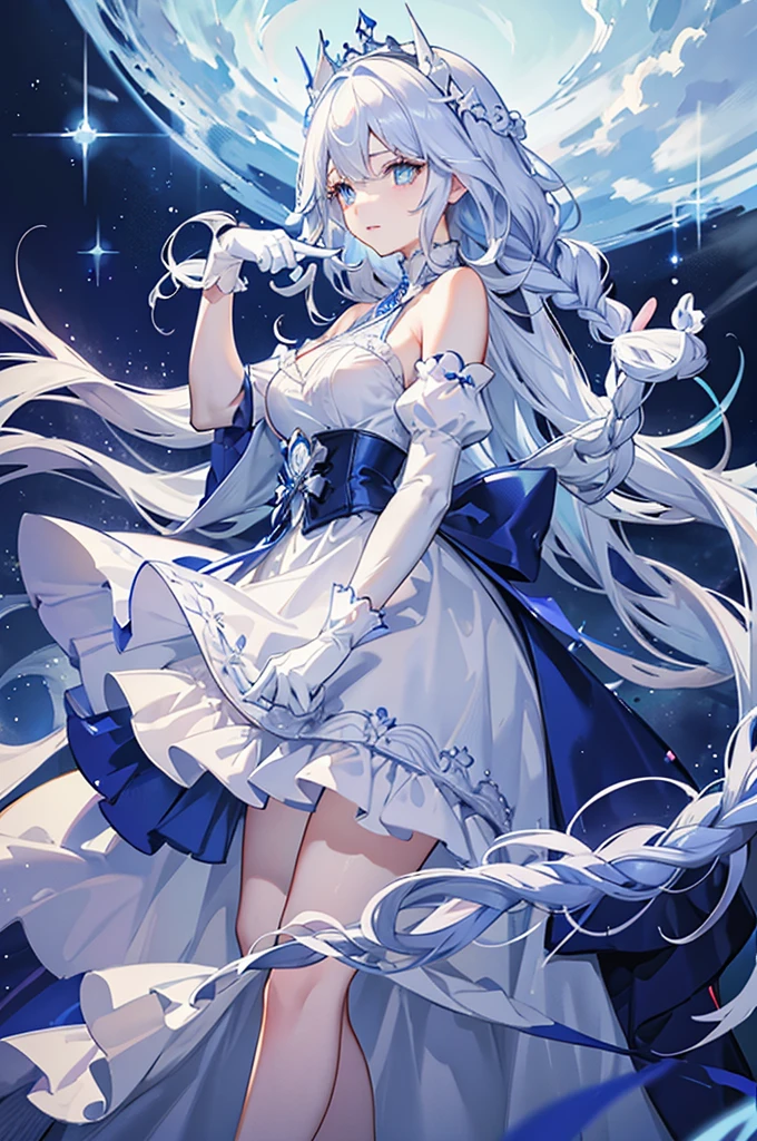 A woman with white hair and blue eyes、adult、Long, fluffy wavy hair、Braiding、Wearing hair ornaments、Princess、White gloves、Putting index finger on lips、blue and white lace dress、The length of the dress is short in the middle and long at the back、Garter Ring、Fantasy