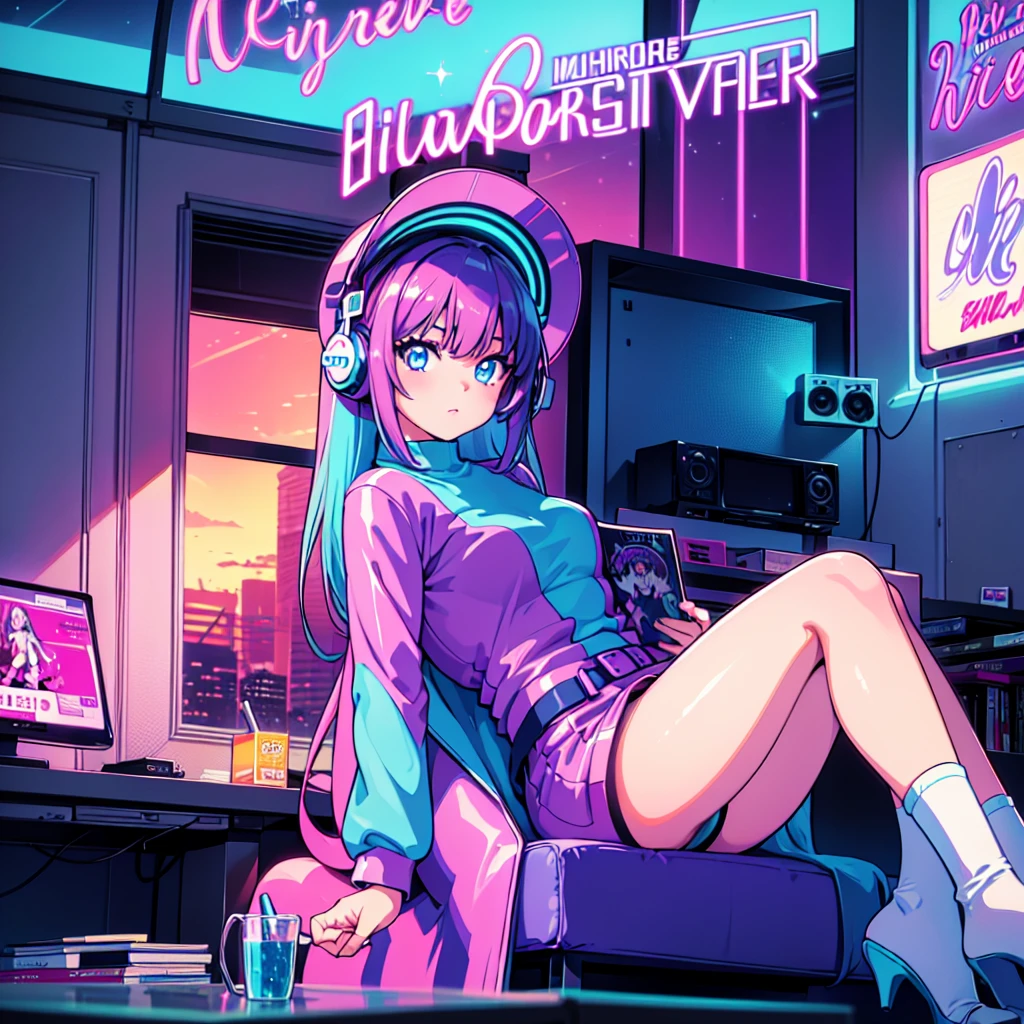 (masterpiece), Highest quality, Expressive eyes, Neon pastel aesthetics, Retro 90s, Neon color,((Girl sitting on sofa,In a cozy room,Records hanging on her wall, Comic books on the floor, Looking out the window behind her at the night city, Upholstered room, Anime figures lined up on a shelf)), Wearing headphones, (All around her it sparkles), (Wearing high socks and heels), (blue eyes), (Soft look), (Synthwave Art Style), Colorful Hair, Desk with PC set up