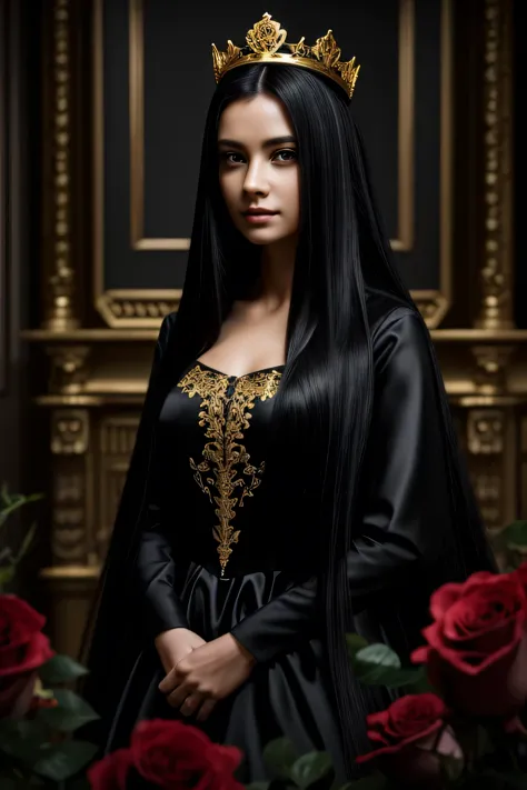woman, long straight black hair, princess dress, golden crown, surrounded by roses, looking at the camera, photorealistic