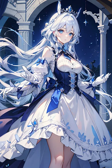 A woman with white hair and blue eyes、adult、Long, fluffy wavy hair、Braiding、Wearing hair ornaments、Princess、White gloves、blue an...