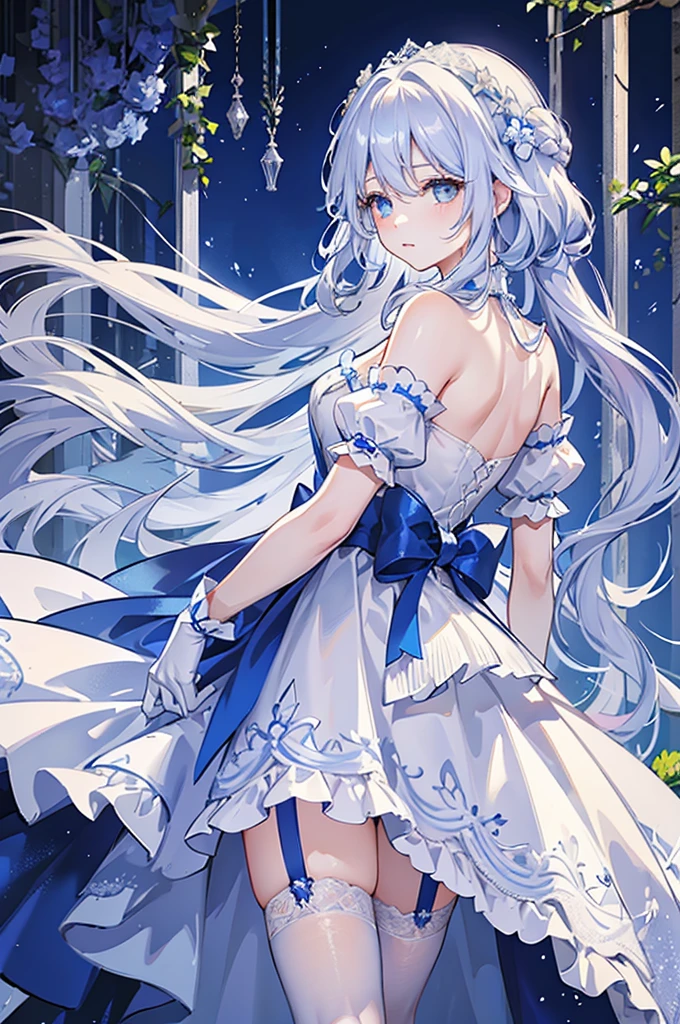 A woman with white hair and blue eyes、adult、Long, fluffy wavy hair、Braiding、Wearing hair ornaments、Princess、White gloves、blue and white lace dress、Blue and white ribbon、The length of the dress is short in the middle and long at the back、Garter Ring、Fantasy