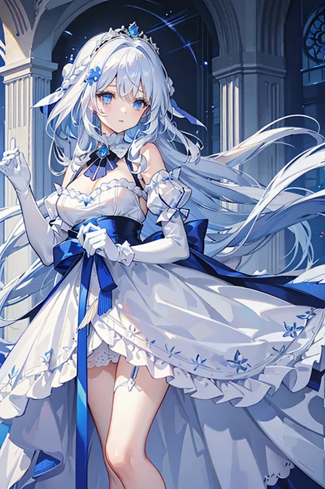 A woman with white hair and blue eyes、adult、Long, fluffy wavy hair、Braiding、Wearing hair ornaments、Princess、White gloves、blue an...
