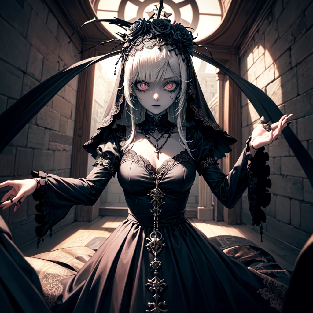 ((ultra detailed)), ((illustration)), (Beautiful detailed eyes), Beautiful, amazing, detailed eyes, (((masterpiece))), (realistic:0.5), Best quality, Female, One_Focus, ,insanevoid, Brilliant eyes, extra eyes, horror \(topic\),doll joints, ((lifeless eyes)), ((goth nun)), ((Gothic, emo)), ((crazy eyes)), (insane:1.3), ((jointed doll)), ((pale white skin)), ((gothic makeup)), ((straight posture)), ((gothic flower crown)), (thorns), (rosary from the effects of genshin), ((straight black hair)), ((black veil)), ((doll eyes)), (close-up)