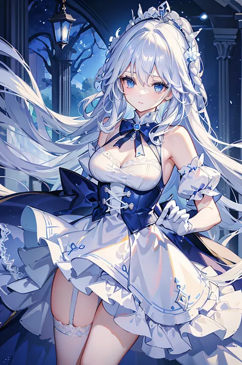 A woman with white hair and blue eyes、adult、Long, fluffy wavy hair、Braiding、Wearing hair ornaments、Princess、White gloves、blue an...