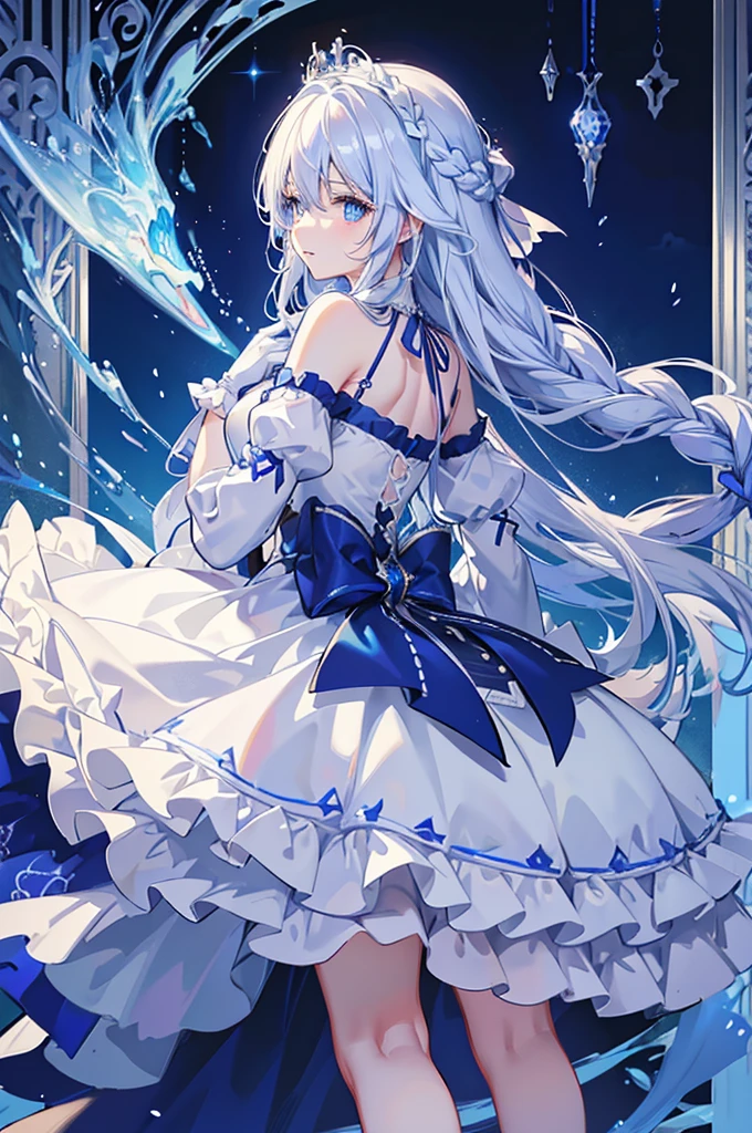 A woman with white hair and blue eyes、adult、Long, fluffy wavy hair、Braiding、Wearing hair ornaments、Princess、White gloves、blue and white lace dress、Blue and white ribbon、The dress is short in the front and long in the back、Garter Ring、Fantasy