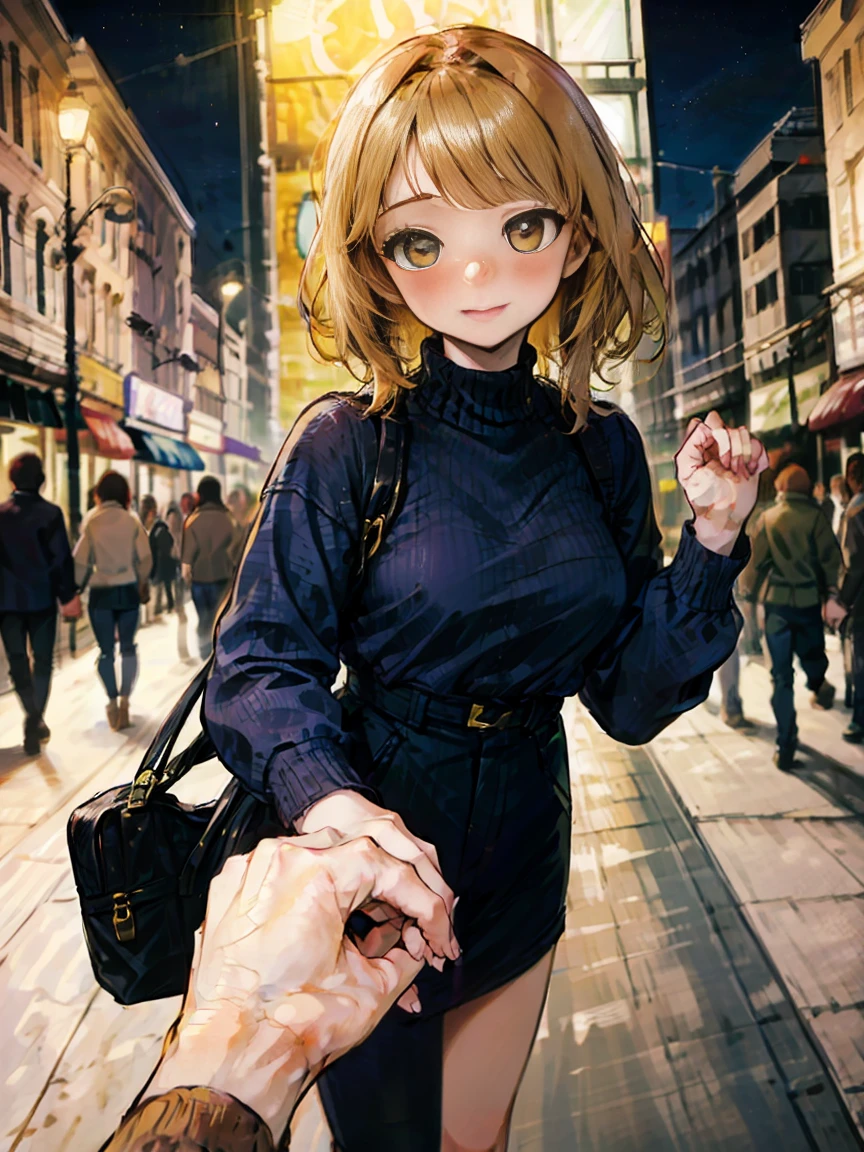 SFW, masterpiece, standing (woman 1), (((cute pose)), ((casual clothes))), yellow eyes,  pouder blue hair, cute blush, (city), wind, blush, ((milf)), night, busy street, turtleneck, (holding hands pov:1.6), perfect hands, purse