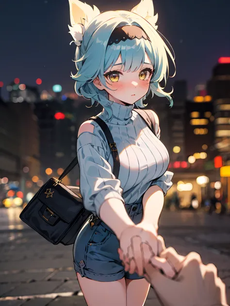 sfw, masterpiece, standing (woman 1), (((cute pose)), ((casual clothes))), yellow eyes,  pouder blue hair, cute blush, (city), w...