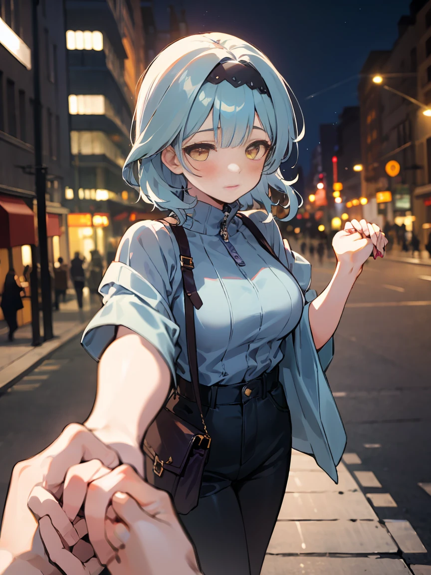 SFW, masterpiece, standing (woman 1), (((cute pose)), ((casual clothes))), yellow eyes,  pouder blue hair, cute blush, (city), wind, blush, ((milf)), night, busy street, turtleneck, (holding hands pov:1.6), perfect hands, purse