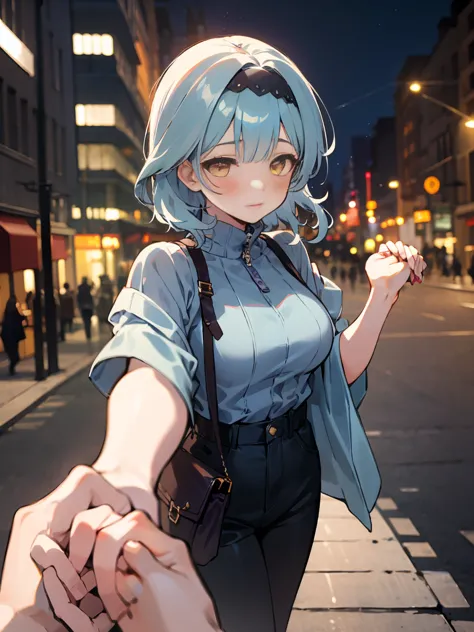 sfw, masterpiece, standing (woman 1), (((cute pose)), ((casual clothes))), yellow eyes,  pouder blue hair, cute blush, (city), w...