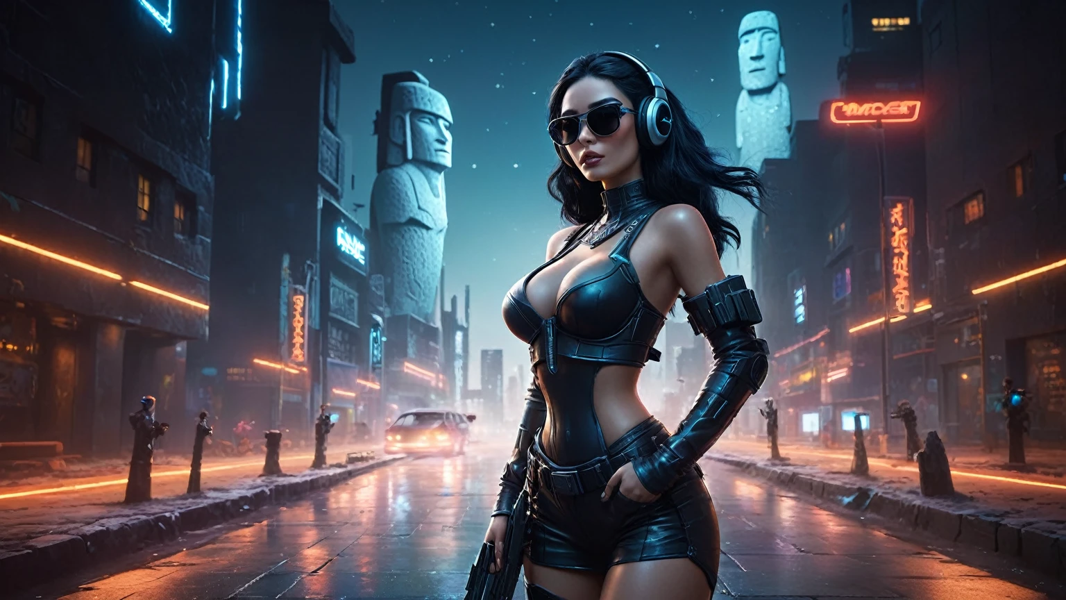 por la noche, dark sky, Vista aérea de tiro lejano del hielo estilo cyberpunk de fantasía ((Bonita estatua)) ciudad, ((Carro volador)). ((1 chica, solo, alone)), pecho mediano:1.1 cuerpo delgado, escote, ropa sexy, (auricular, Gafas de sol negras, pelo largo negro realista), (((de pie con la cadera levantada y sosteniendo una pistola))), Medio cuerpo a la altura del muslo, plano medio., iluminación cinematográfica.