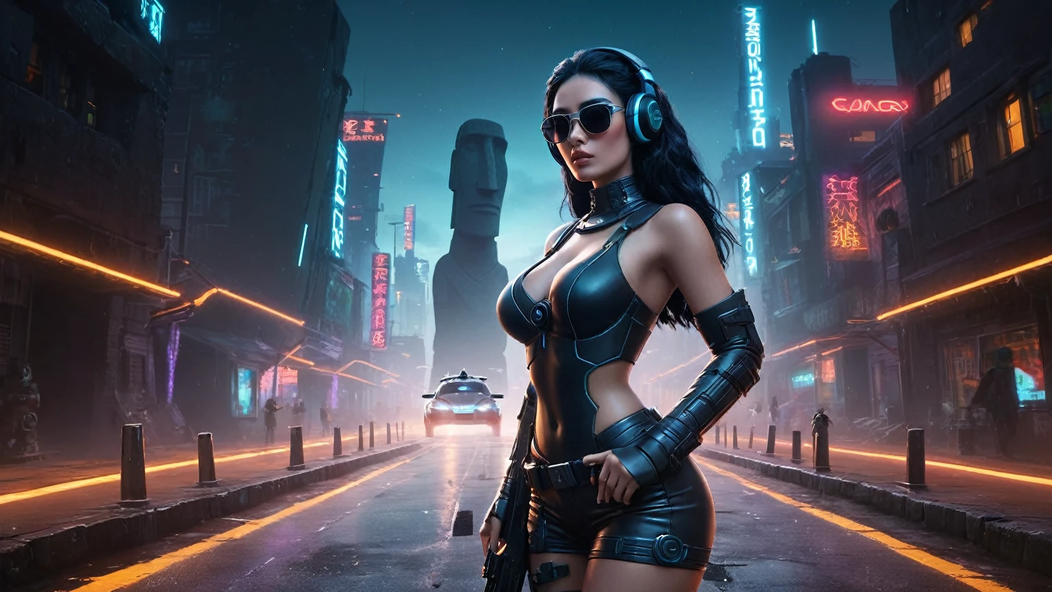 At night, dark sky, distant shot aerial view of fantasy cyberpunk style ice ((Moai-statue)) city, ((flying car)). ((1girl, solo, alone)), medium-breast:1.1 slim body, cleavage, sexy clothes, (headphone, black sunglasses, long black realistic hair), (((hip-up standing and holding pistol))), half-body thigh level medium shot, cinematic lighting.