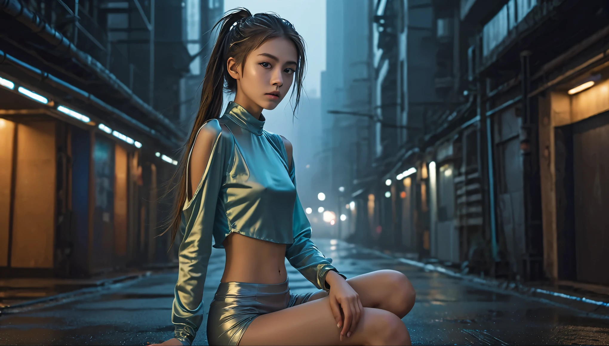 Top Quality, Masterpiece, High Resolution, 8k, (((cute skinny barely legal girl in oversized silk blouse and wetlook leggings, bare belly, wide neckline, deep neckline, small perky breasts, beautiful detailed eyes, beautiful detailed lips, small closed mouth, extremely detailed face, long ponytail hair, small hips))), cyberpunk apartment, moody atmosphere, dramatic and random neon colors, futuristic setting, intricate details, at night, backlit, full body shot, view from distance 