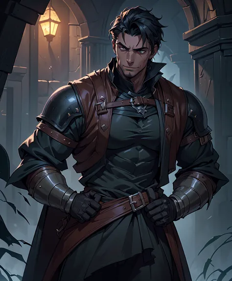 (((Single character image.))) (((1boy))) (((Dressed in medieval fantasy attire.)))  (((Generate a darkly handsome male character...