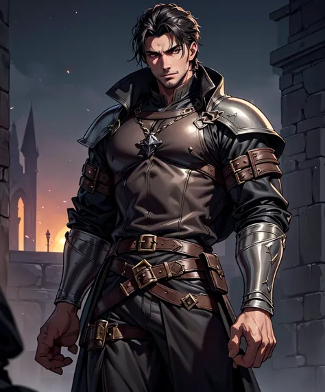 (((single character image.))) (((1boy))) (((dressed in medieval fantasy attire.)))  (((generate a darkly handsome male character...