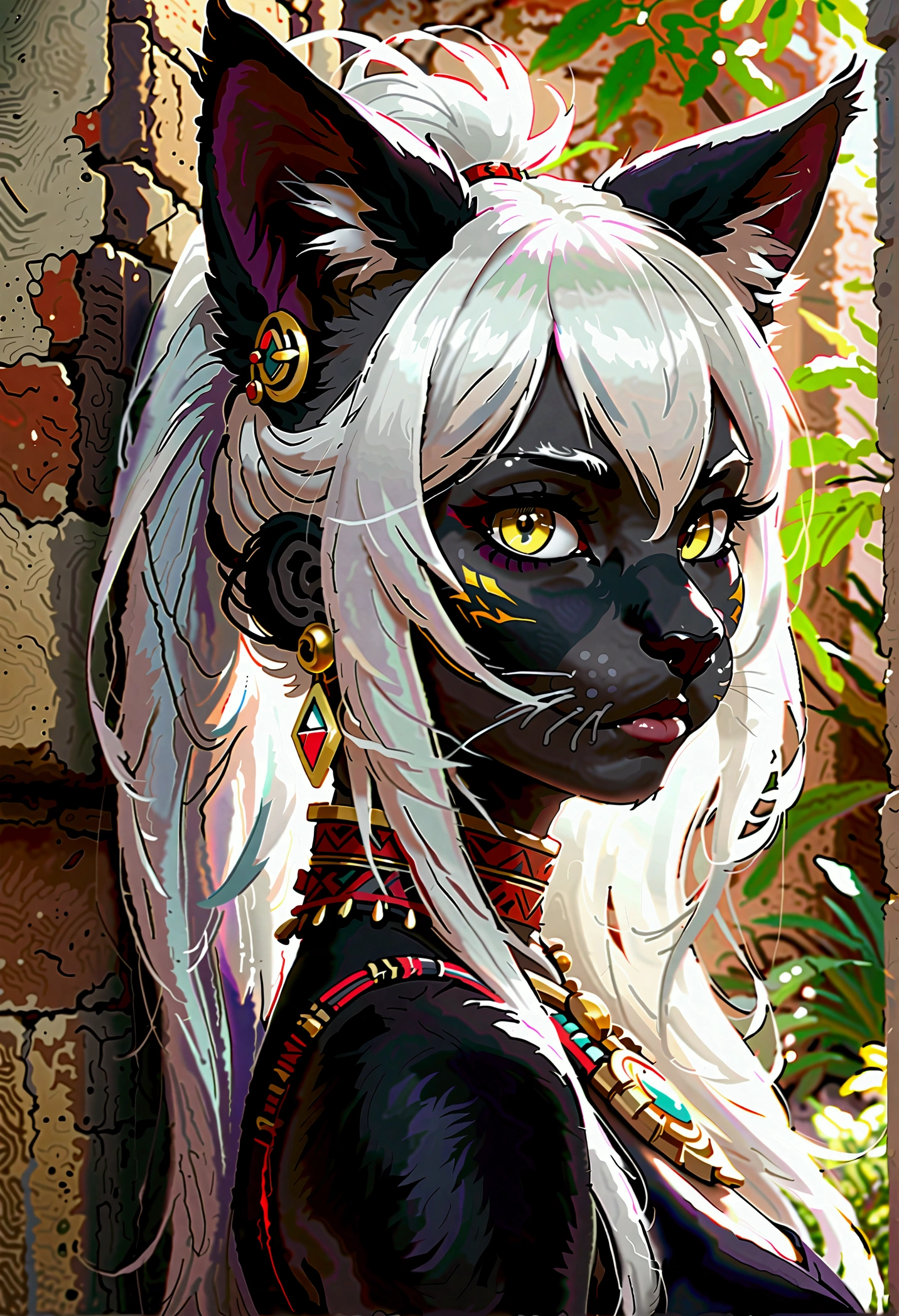 ((Best Quality, Masterpiece, perfect anatomy, detailed picture)), furry, 1 woman, pantera, two tone skin, black body, gray fur, sexy, long white hair, ponytail hair, fluffy feline tail, yellow sclera, tribal tattoo, earrings, red blush, shy, in the ruins, portrait, illustration, gold necklace add_detail:1 ,gold bracelet add_detail:1, navel piercing, Its silhouette has double exposure and you can observe the universe.._detail:1