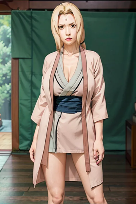 Tsunade character from the anime Naruto, in a short and sexy kimono with open legs showing her beautiful breasts and her beautif...